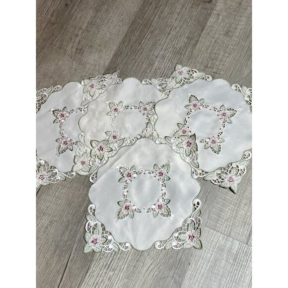 Set Of 4 Embroidered Doilies Pink Green Floral Lattice 9” Square NEW - Picture 9 of 10